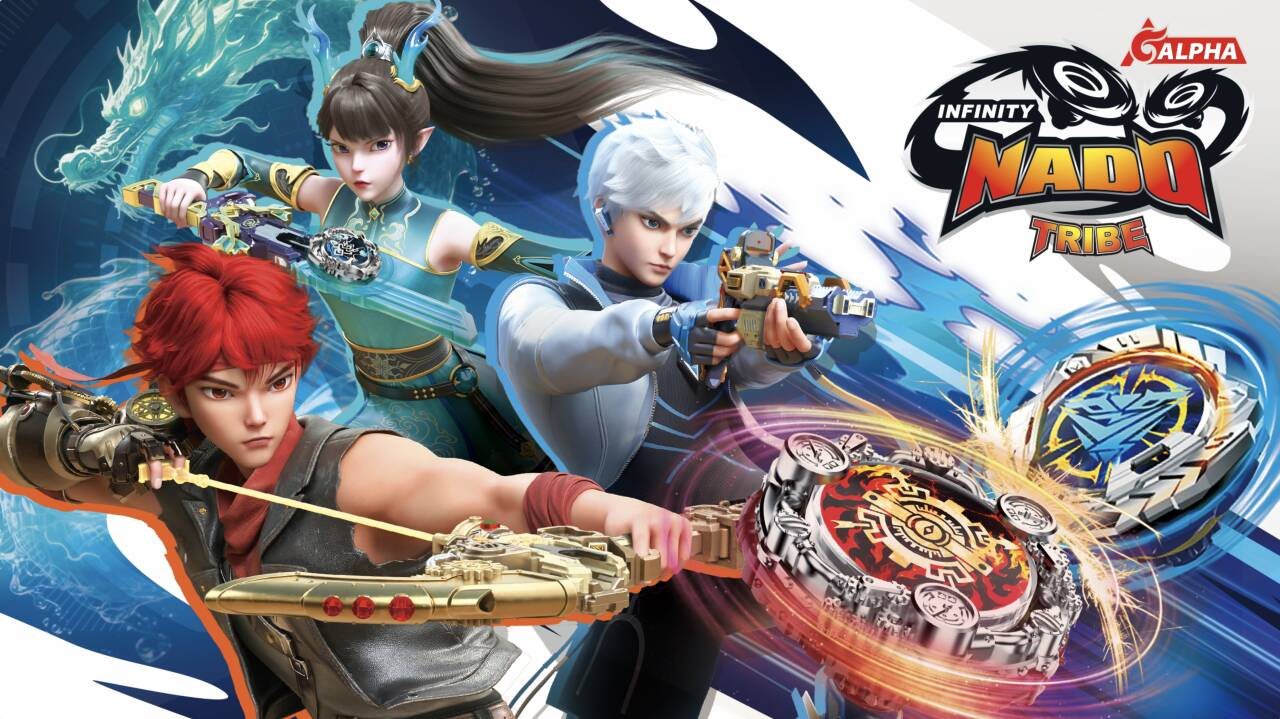 Infinity Nado characters launching metal battle tops in an arena