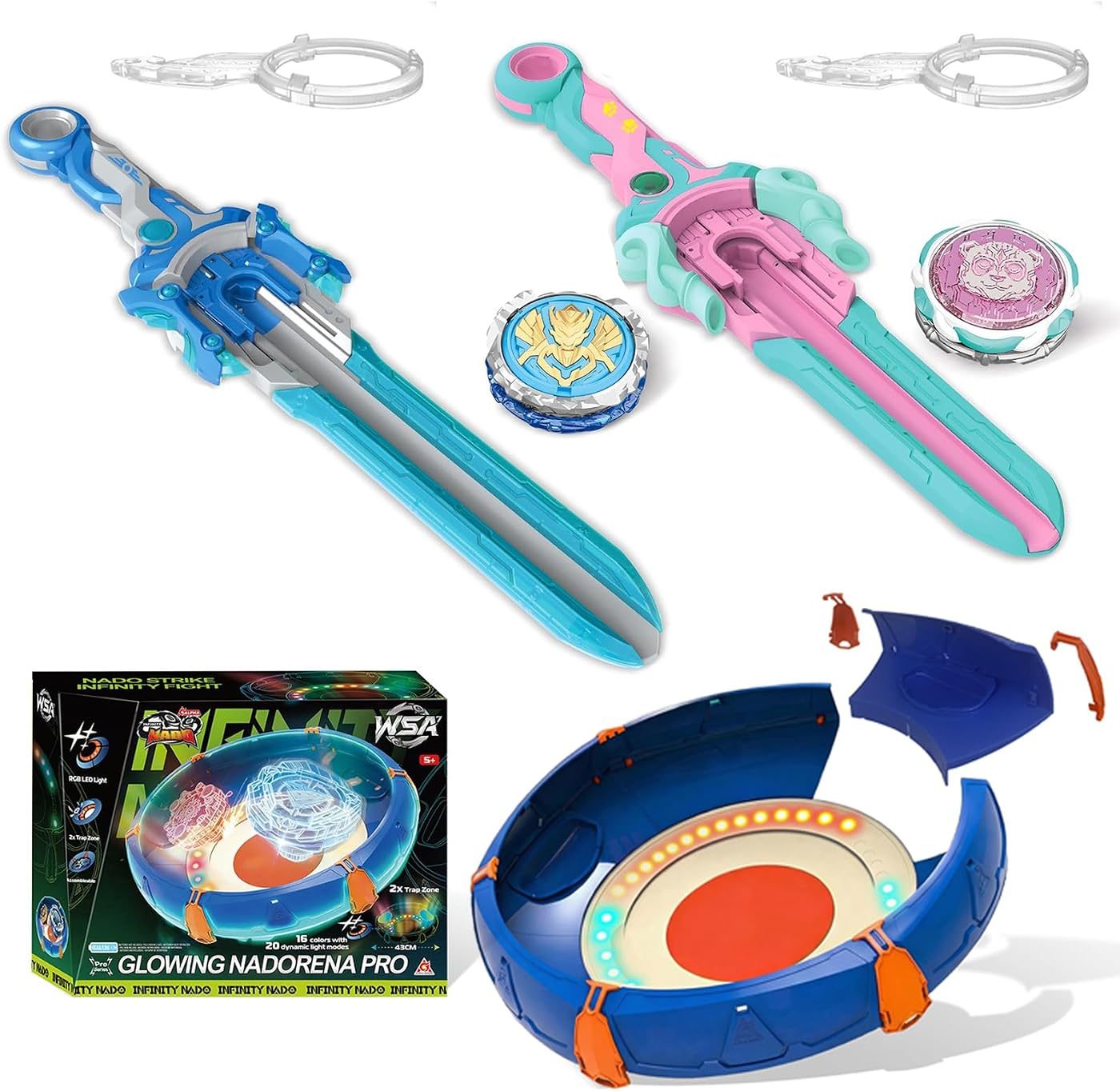Glow Arena Set, Gale Wings versus Panda metal battle top with its launcher