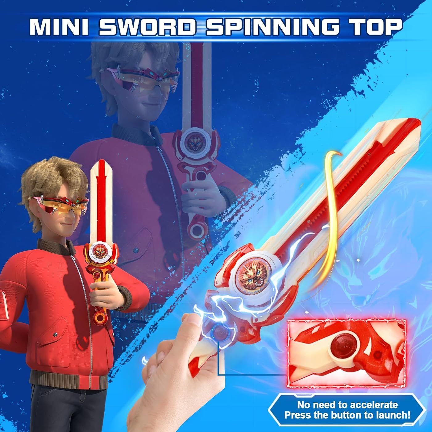 Mini Sword Launcher Set, Red spinning top set, boxed contents