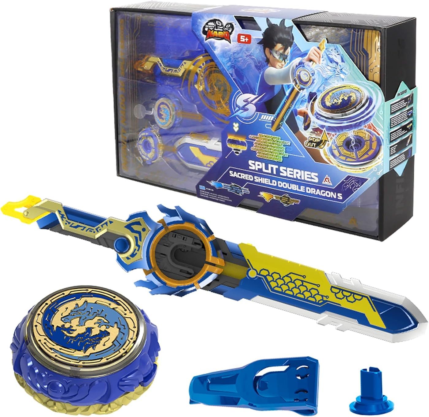 Sacred Shield Dragon Split Top metal battle top with its launcher
