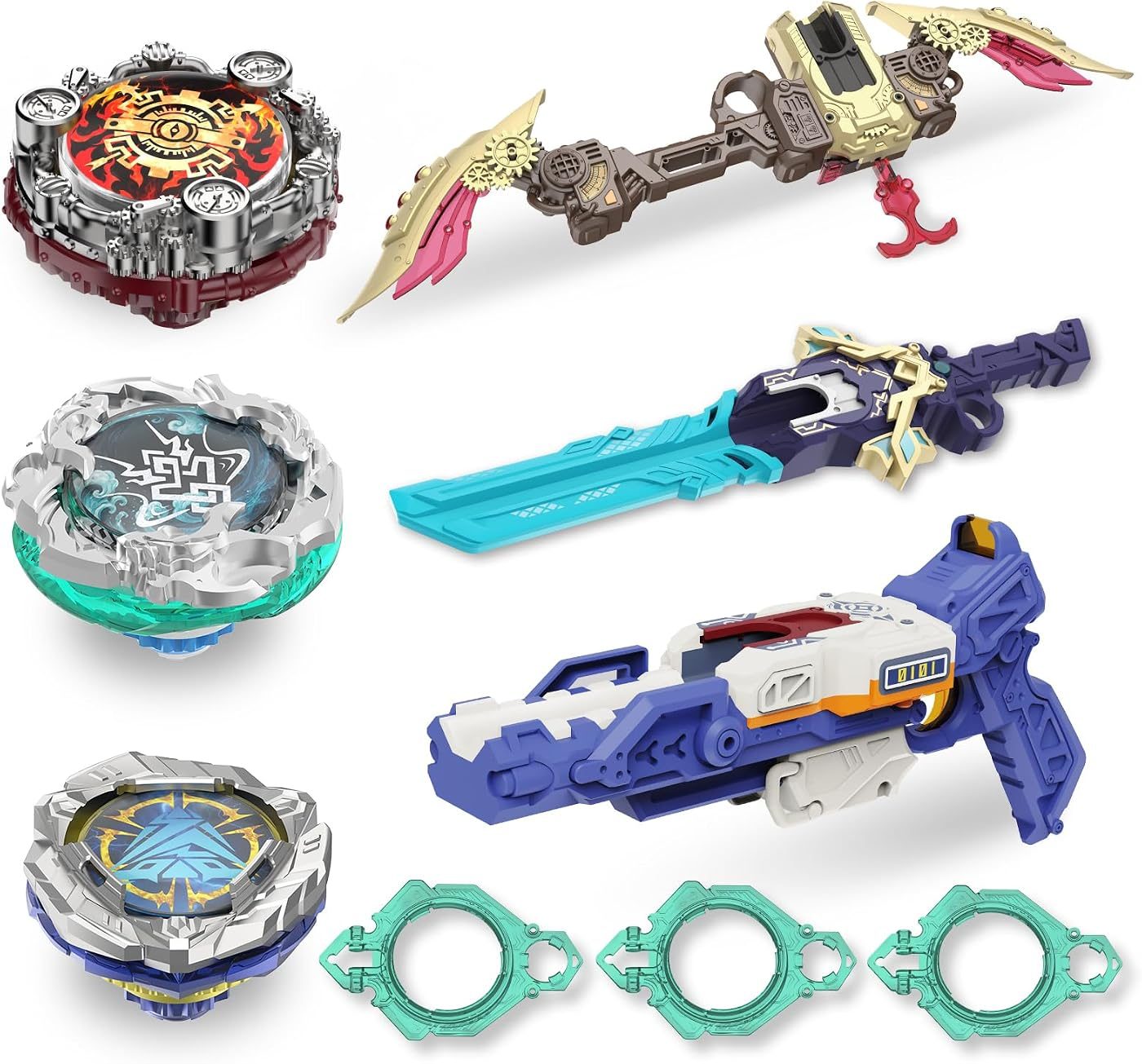 Three-Launcher Pack, Gun, Bow and Sword metal battle top with its launcher
