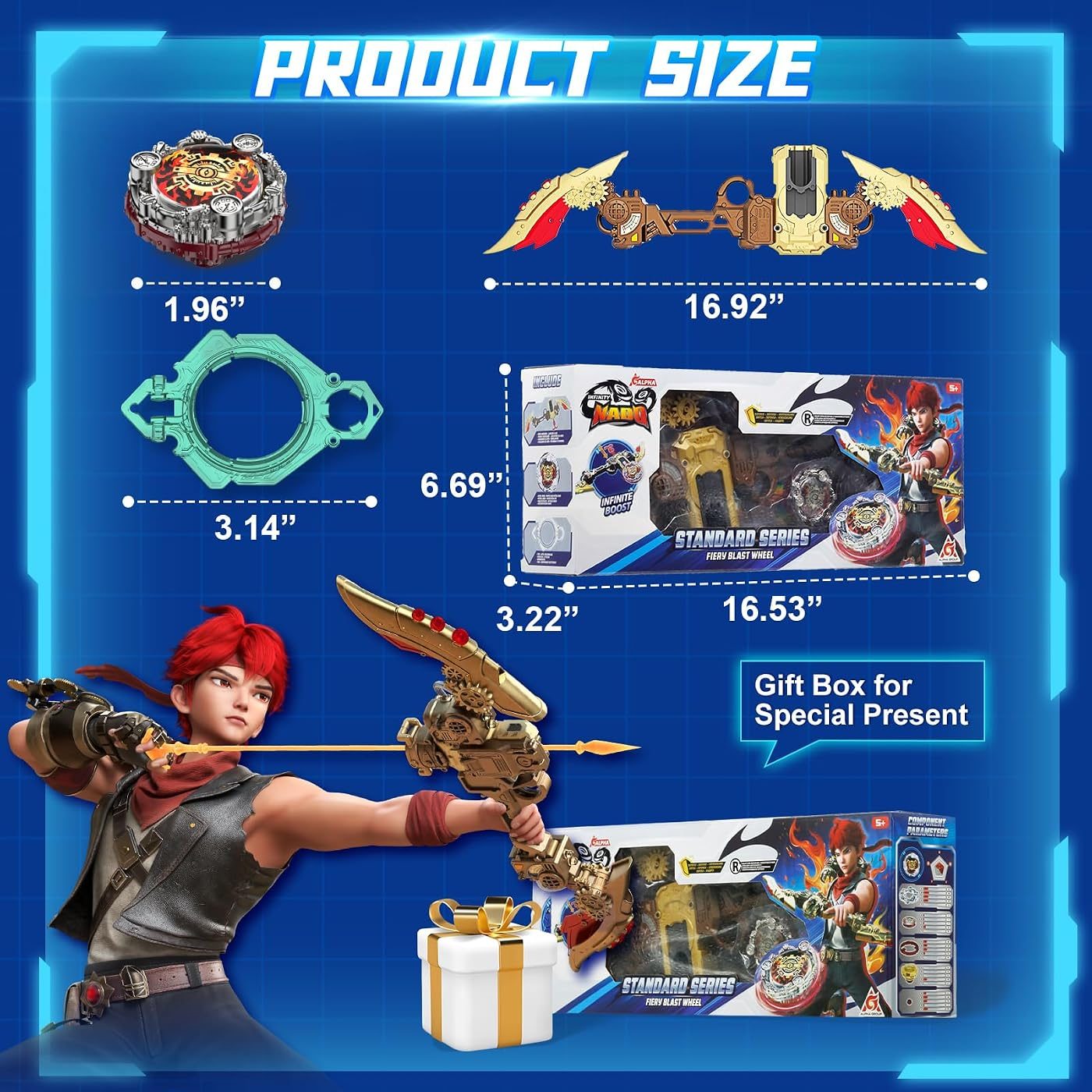 Two-Launcher Pack, Defense and Balance Tops set in play on the battle floor
