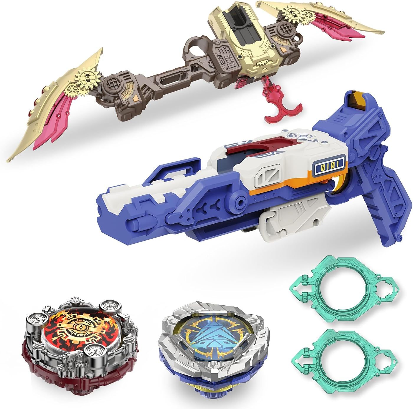 Two-Launcher Pack, Gun and Bow metal battle top with its launcher
